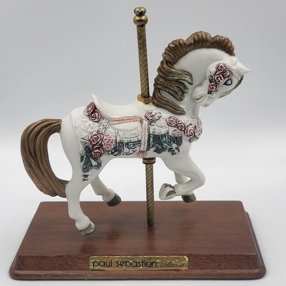 Paul Sebastian White Carousel Horse Figurine Roses Gold Mane 1989 Vintage 7.5"